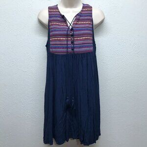 Umgee Tunic Top Dress Womens S Blue Striped Sleeveless Boho Tassel Peasant